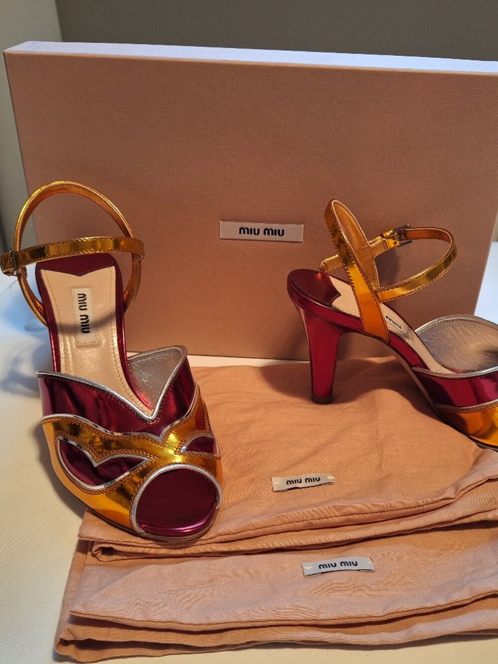 Miu Miu metallic deep pink and orange open-toe strap heels